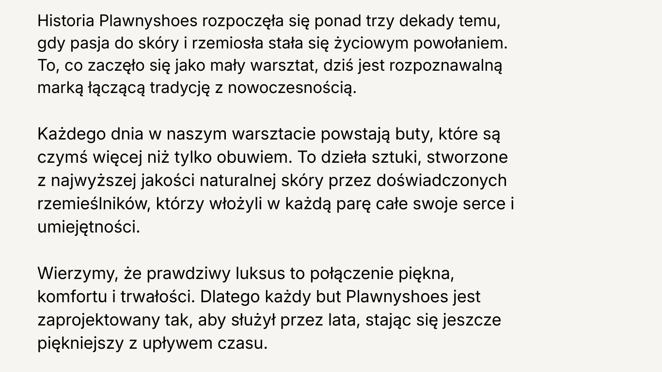 Polish text describing the handcrafted, high-quality leather shoes made by skilled artisans.
