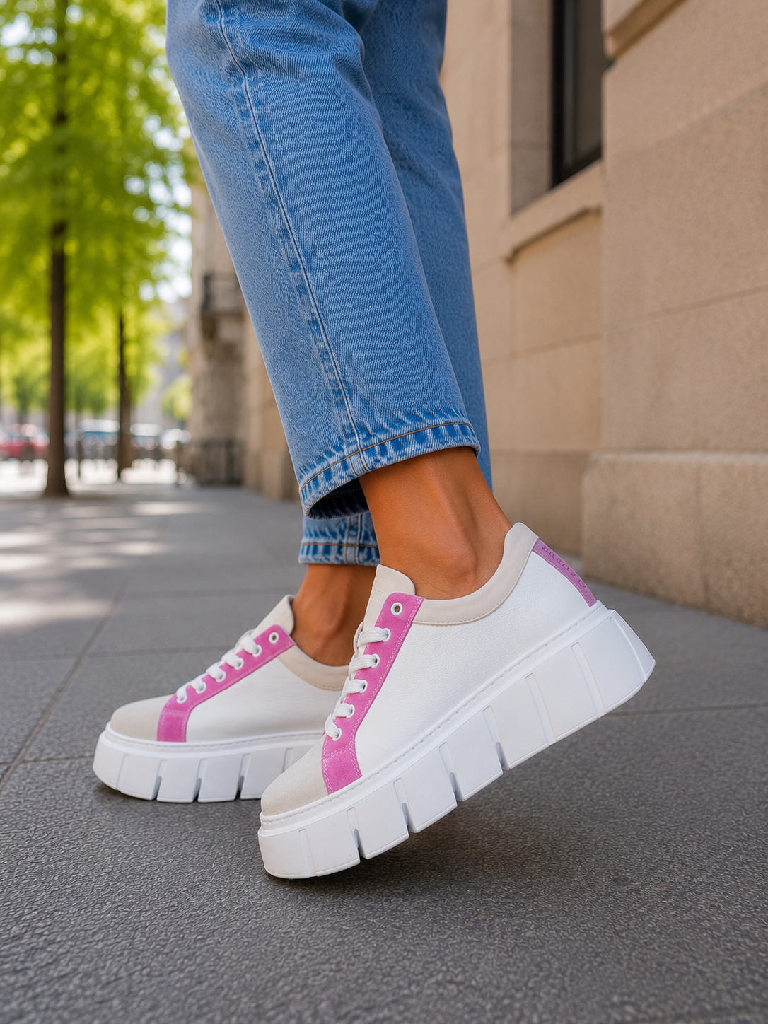 Sneakersy damskie skórzane ORBITAL PINK biało-różowe – welurowe, na grubej podeszwie, polska produkcja | Pławny Shoes