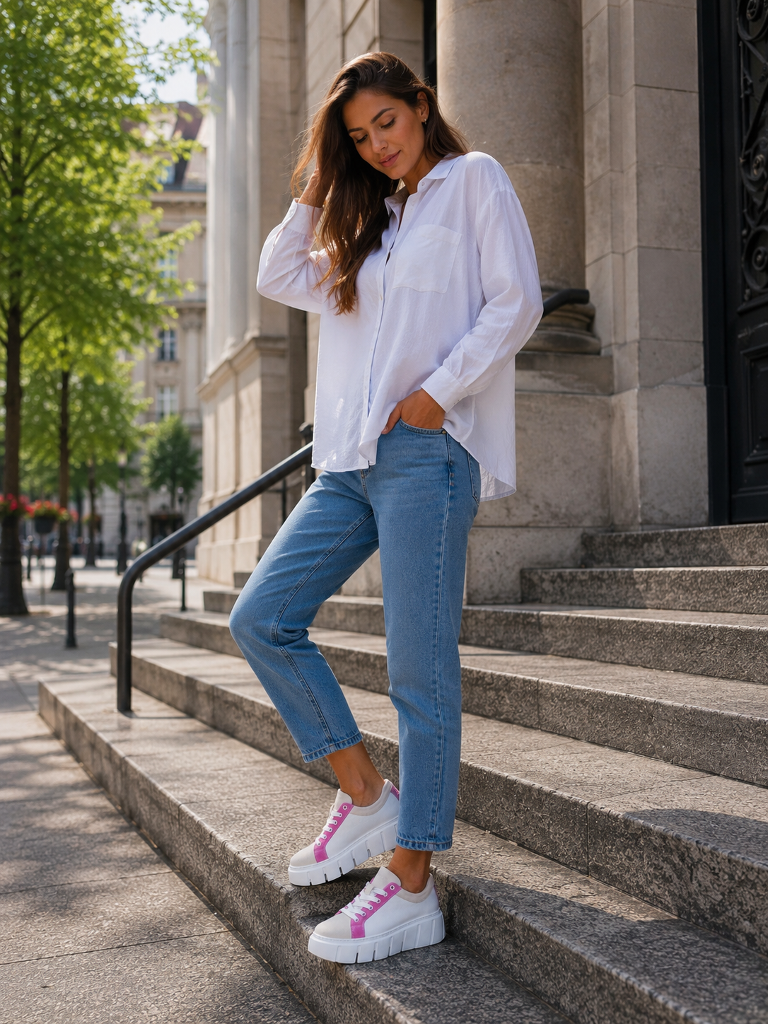 Sneakersy damskie skórzane ORBITAL PINK biało-różowe – welurowe, na grubej podeszwie, polska produkcja | Pławny Shoes