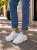 Białe skórzane sneakersy z błękitną wstawką