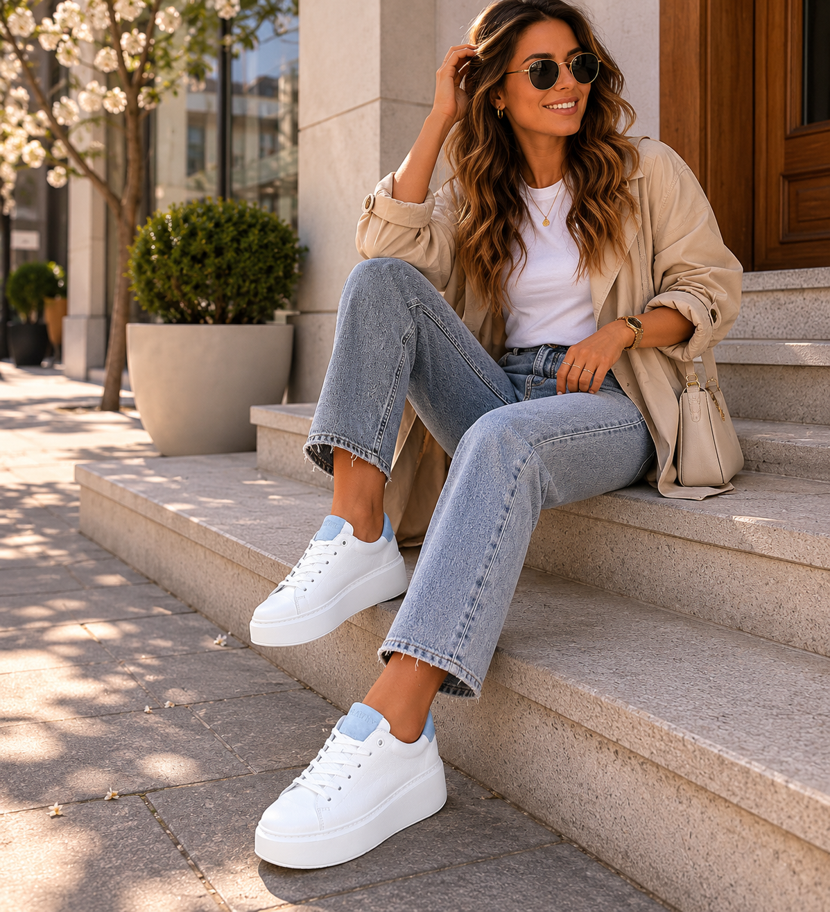 Sneakersy damskie skórzane białe z błękitną wstawką – lekkie, skóra naturalna, polska produkcja | Pławny Shoes