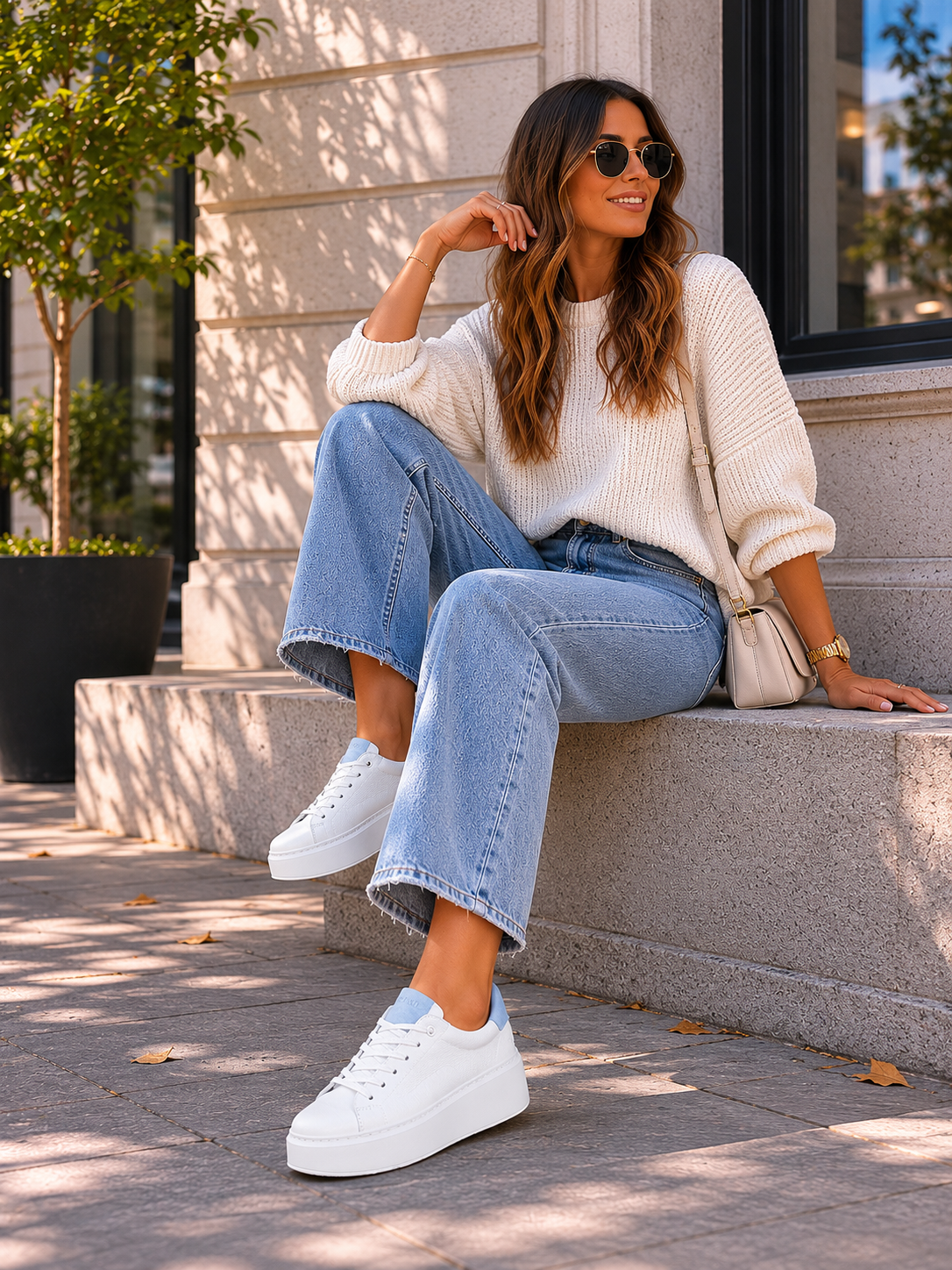 Sneakersy damskie skórzane białe z błękitną wstawką – lekkie, skóra naturalna, polska produkcja | Pławny Shoes
