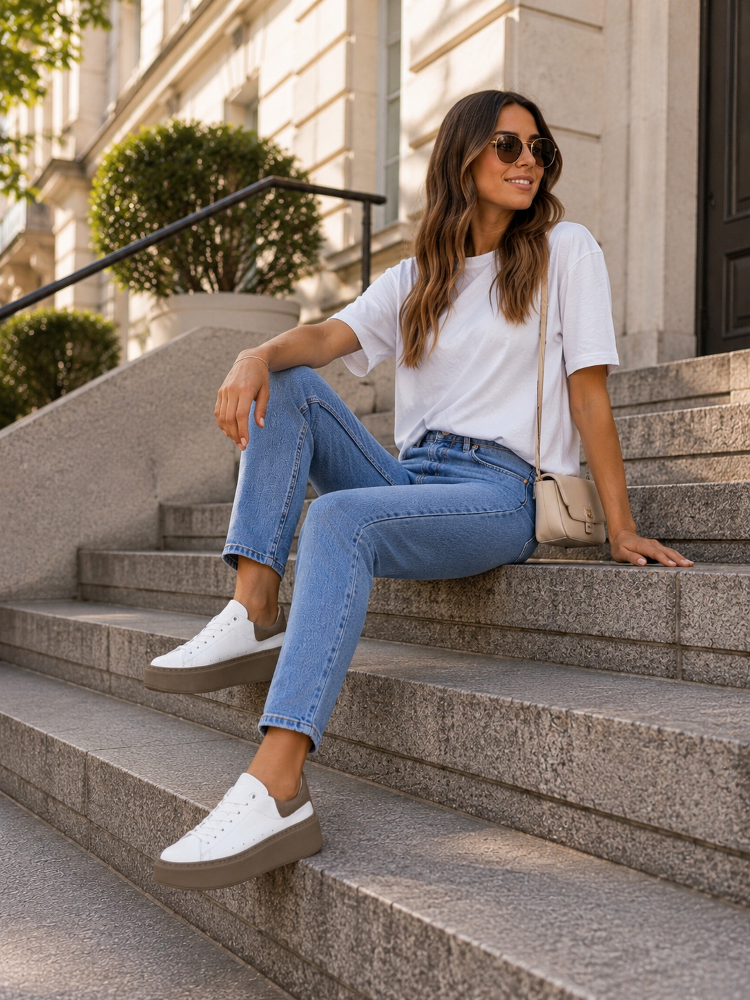 Sneakersy damskie skórzane białe z brązowym zamszem – lekkie, skóra naturalna, polska produkcja | Pławny Shoes