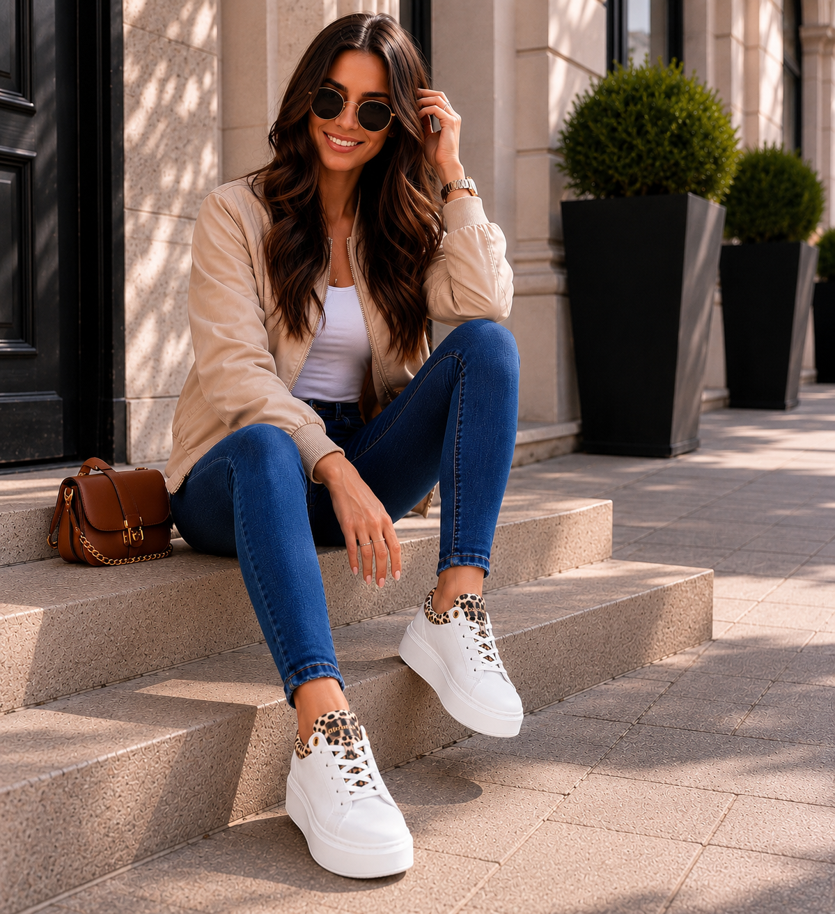 Sneakersy damskie SAFARI białe z panterkowym detalem – lekkie, przewiewne, polska produkcja | Pławny Shoes