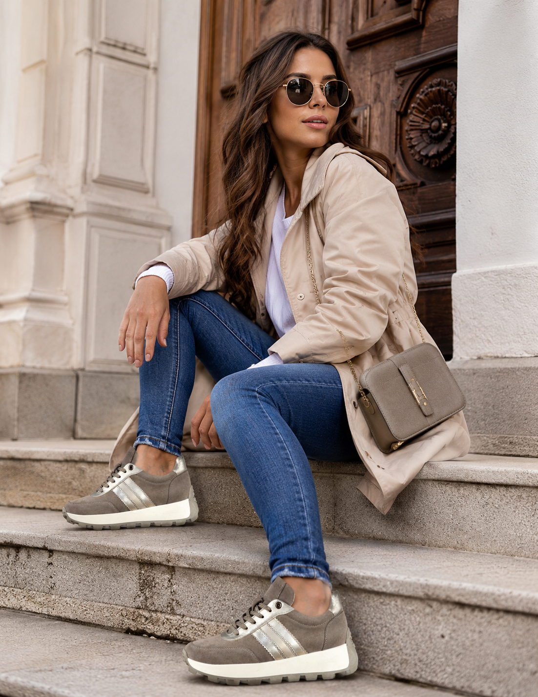 Sneakersy damskie skórzane METALLIC beżowe – metaliczne wstawki, welurowe, polska produkcja | Pławny Shoes