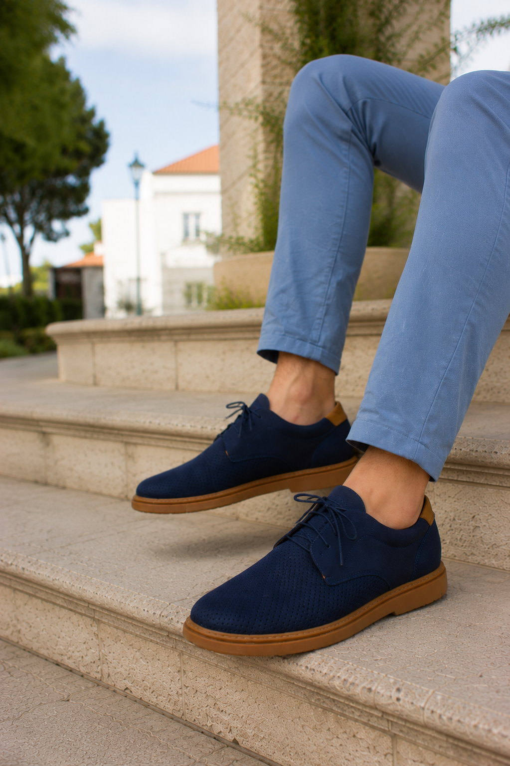 Półbuty męskie skórzane NAVY AIR granatowe – zamszowe, przewiewne, lekkie, polska produkcja | Pławny Shoes