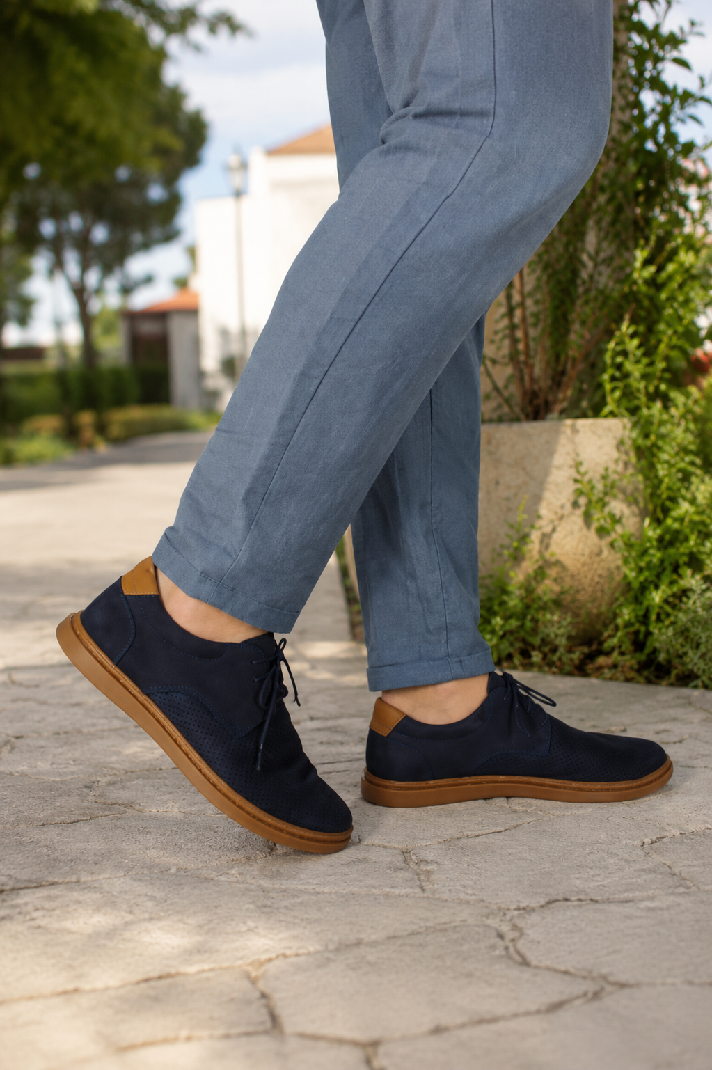 Półbuty męskie skórzane NAVY AIR granatowe – zamszowe, przewiewne, lekkie, polska produkcja | Pławny Shoes