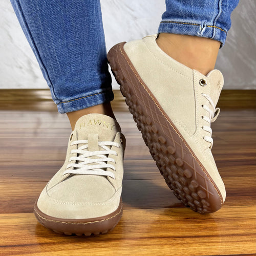 Beżowe barefooty welurowe damskie PŁAWNY na brązowej podeszwie