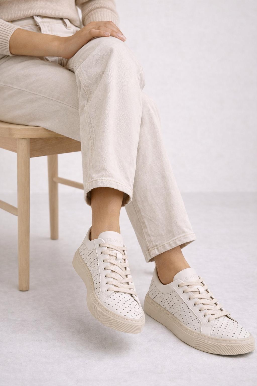 Sneakersy damskie skórzane BREEZE beżowe w kropki – przewiewne, welurowe, polska produkcja | Pławny Shoes