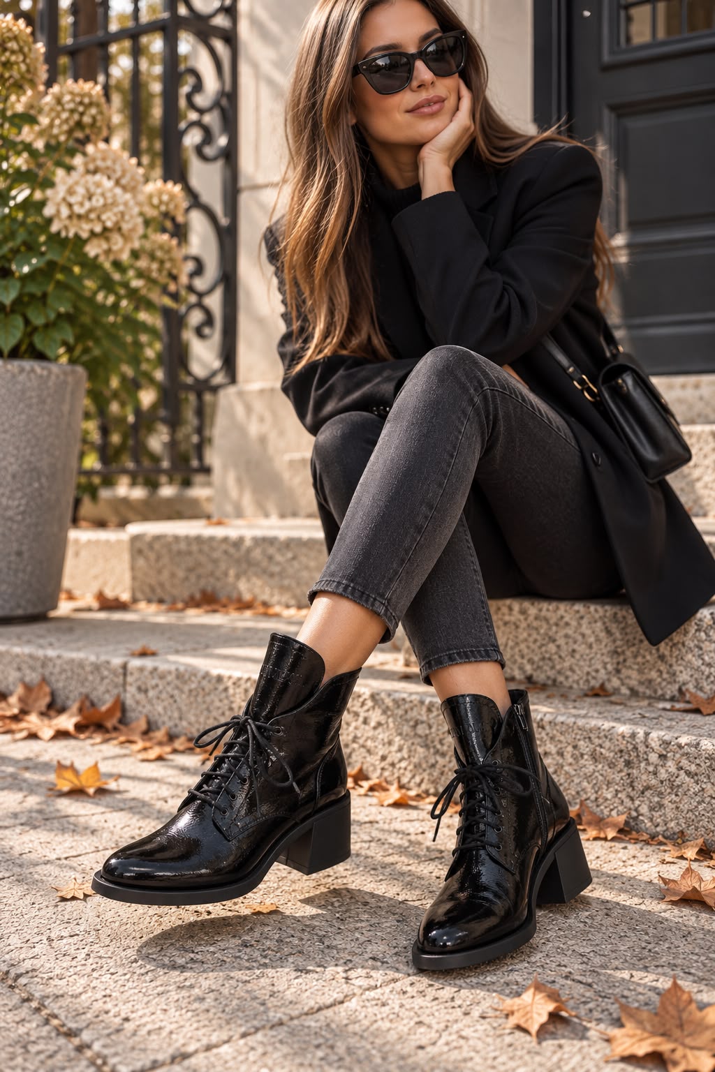 Botki damskie BLACK GLOSS lakierowane w stylizacji z czarnymi jeansami