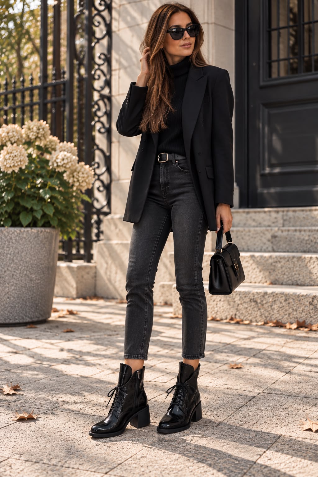 Lakierowane botki damskie BLACK GLOSS na co dzień – czarny total look
