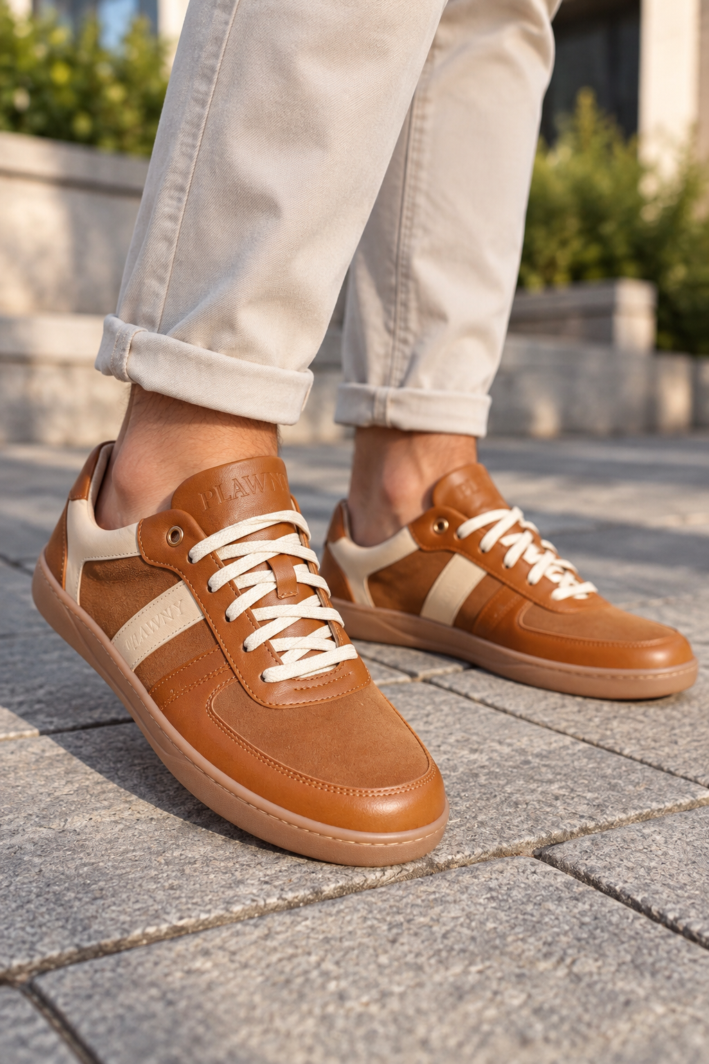 Męskie Buty Barefoot Plawnyshoes Cognac & Beige – Szyte ze Spodem, Wkładka Memory  5 mm