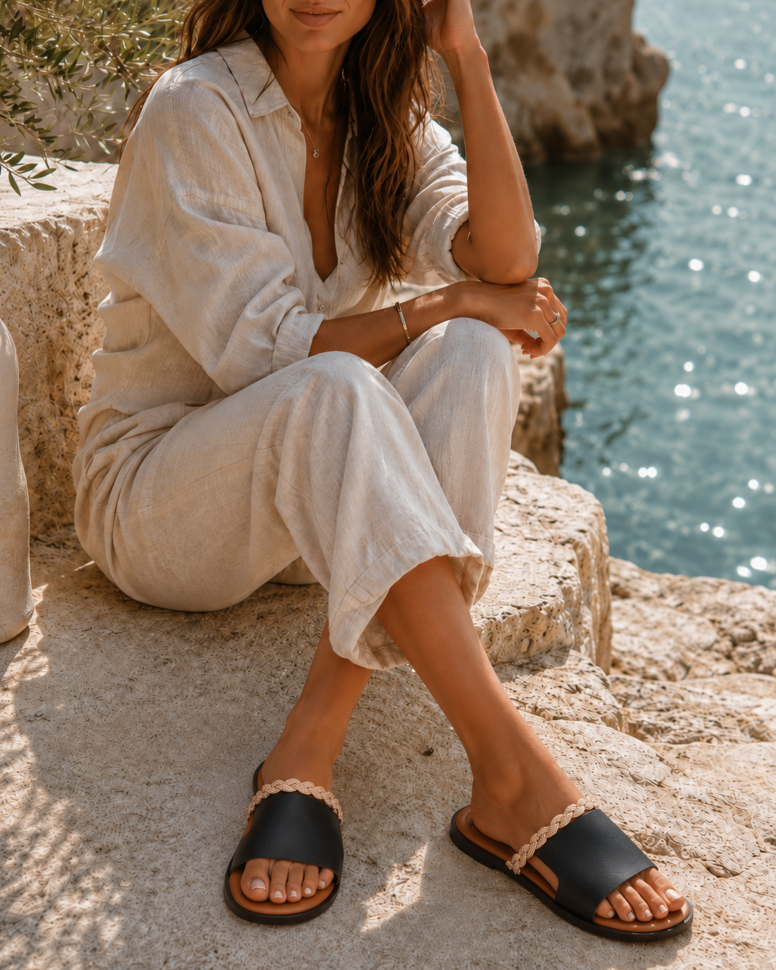 Klapki damskie skórzane POSITANO brązowe – plecionka, wsuwane, polska produkcja | Pławny Shoes