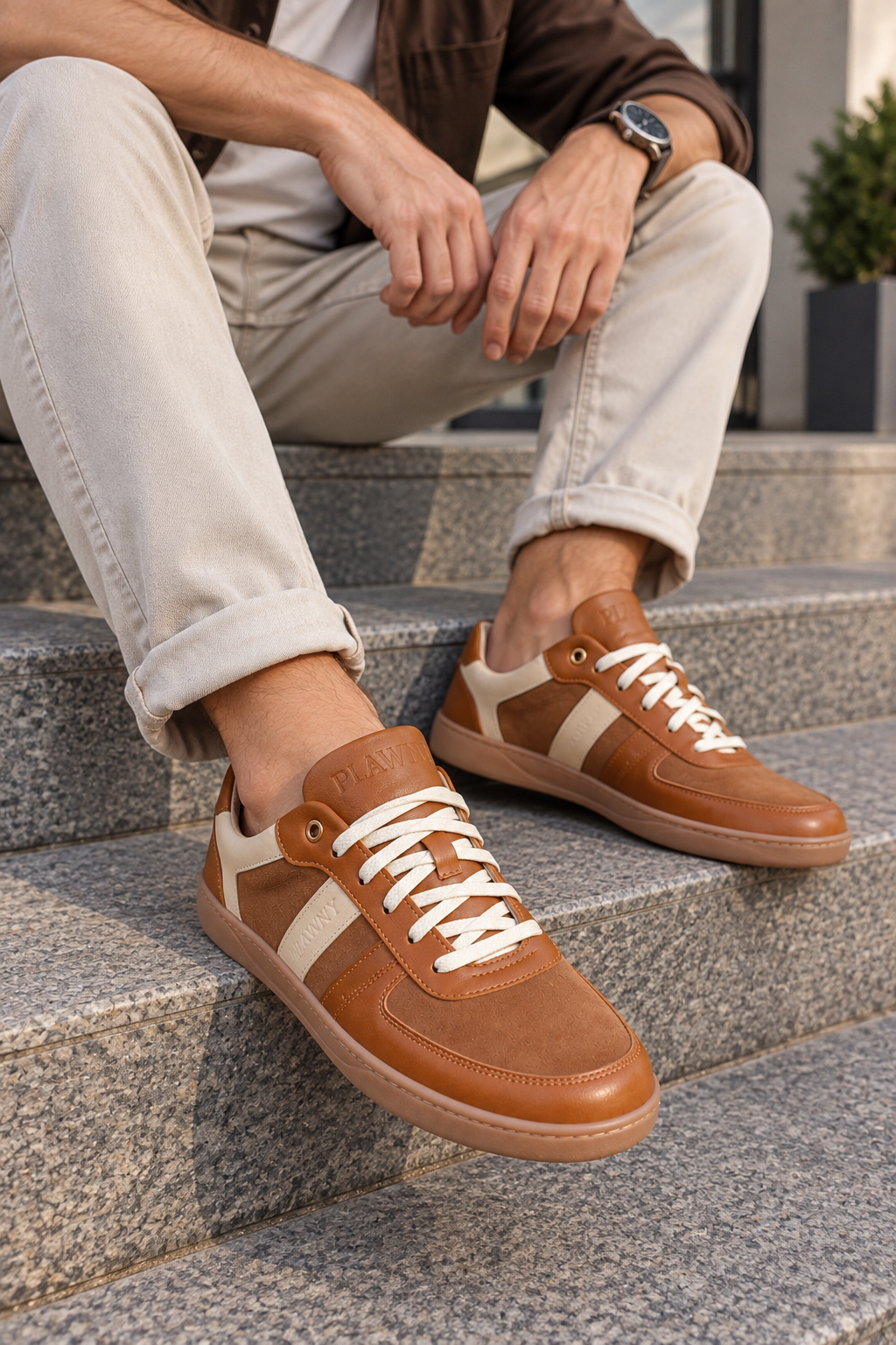 Męskie Buty Barefoot Plawnyshoes Cognac & Beige – Szyte ze Spodem, Wkładka Memory  5 mm