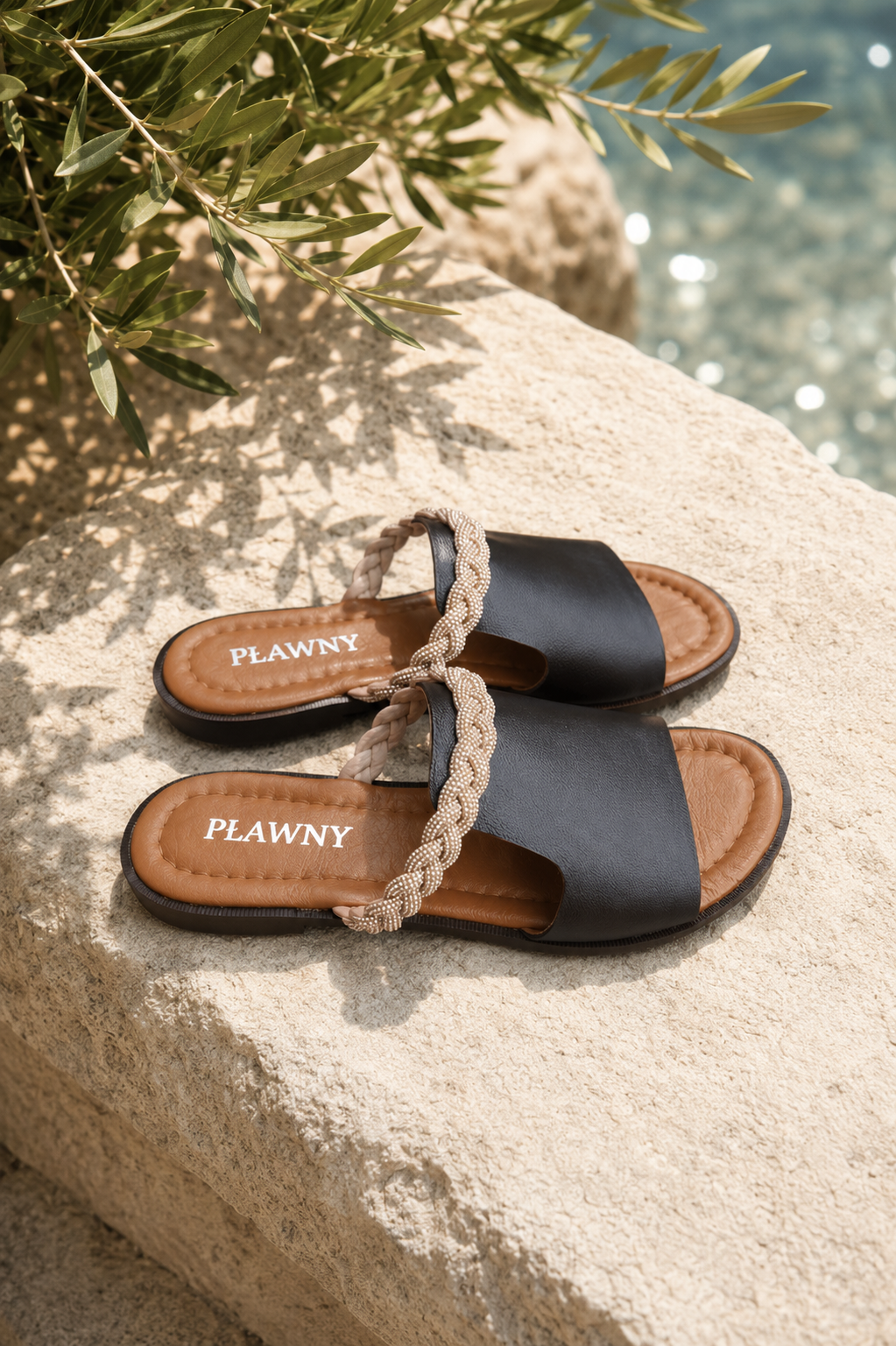 Klapki damskie skórzane POSITANO brązowe – plecionka, wsuwane, polska produkcja | Pławny Shoes