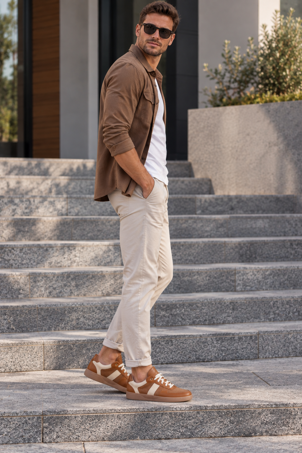 Męskie Buty Barefoot Plawnyshoes Cognac & Beige – Szyte ze Spodem, Wkładka Memory  5 mm