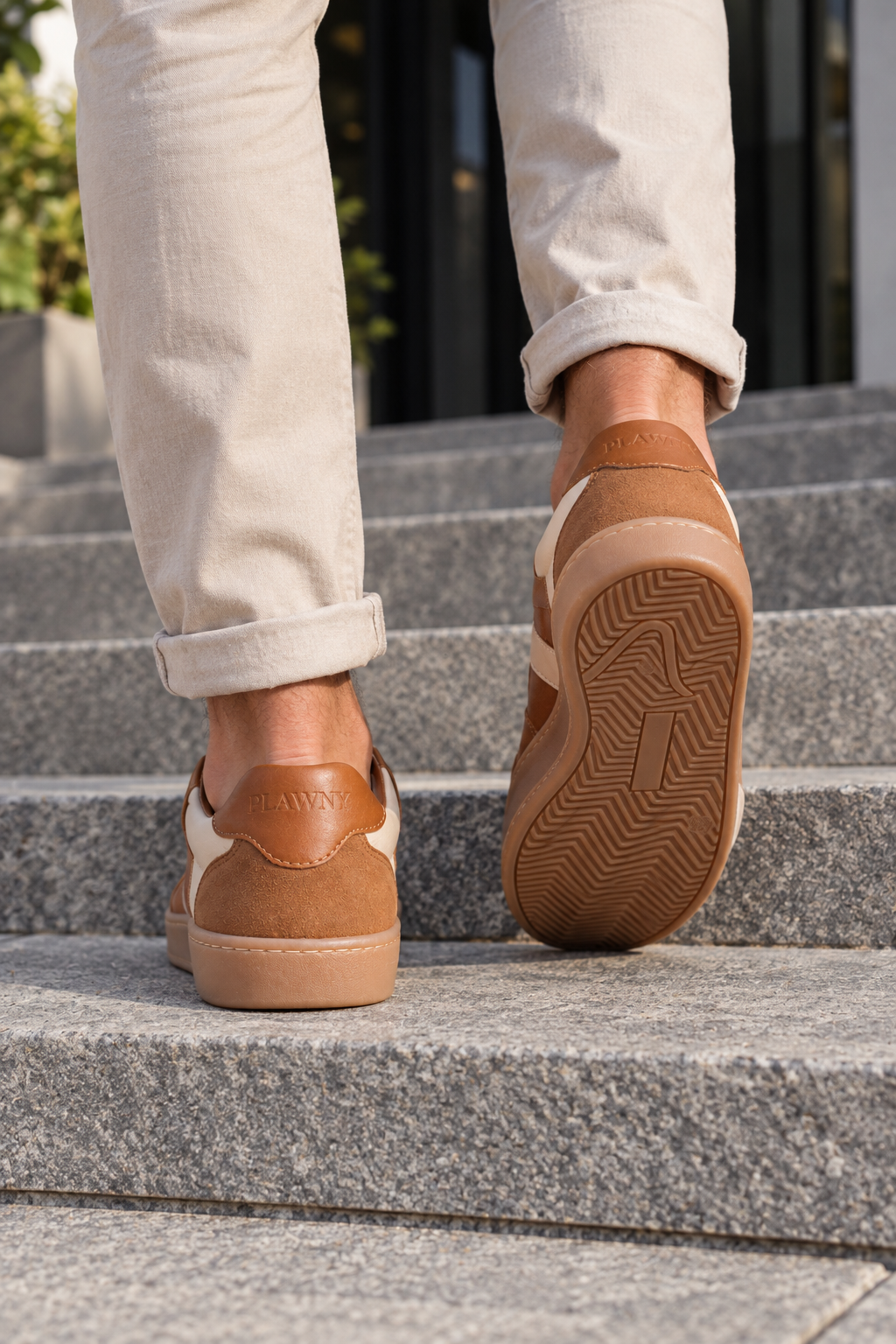 Męskie Buty Barefoot Plawnyshoes Cognac & Beige – Szyte ze Spodem, Wkładka Memory  5 mm