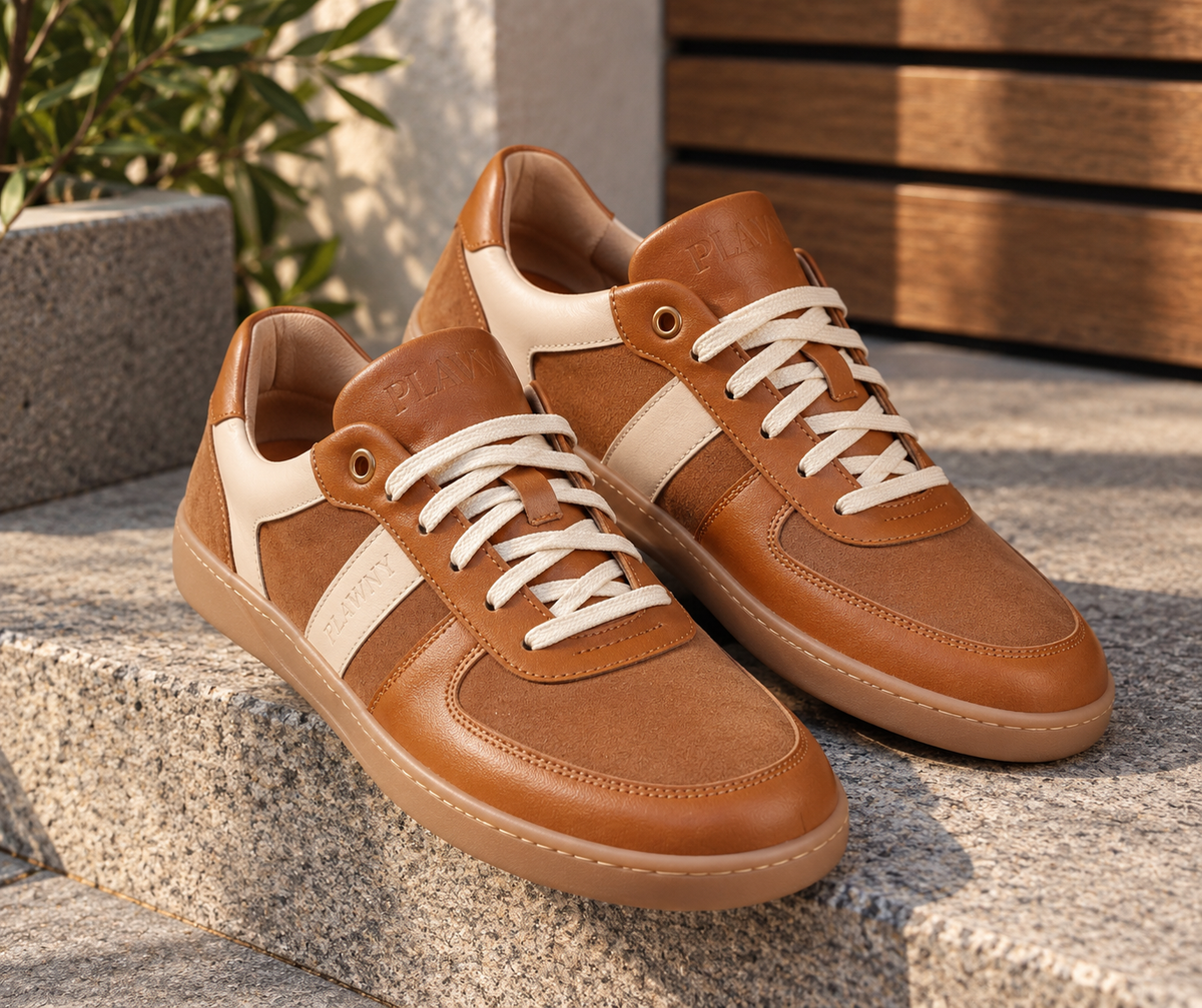 Męskie Buty Barefoot Plawnyshoes Cognac & Beige – Szyte ze Spodem, Wkładka Memory  5 mm